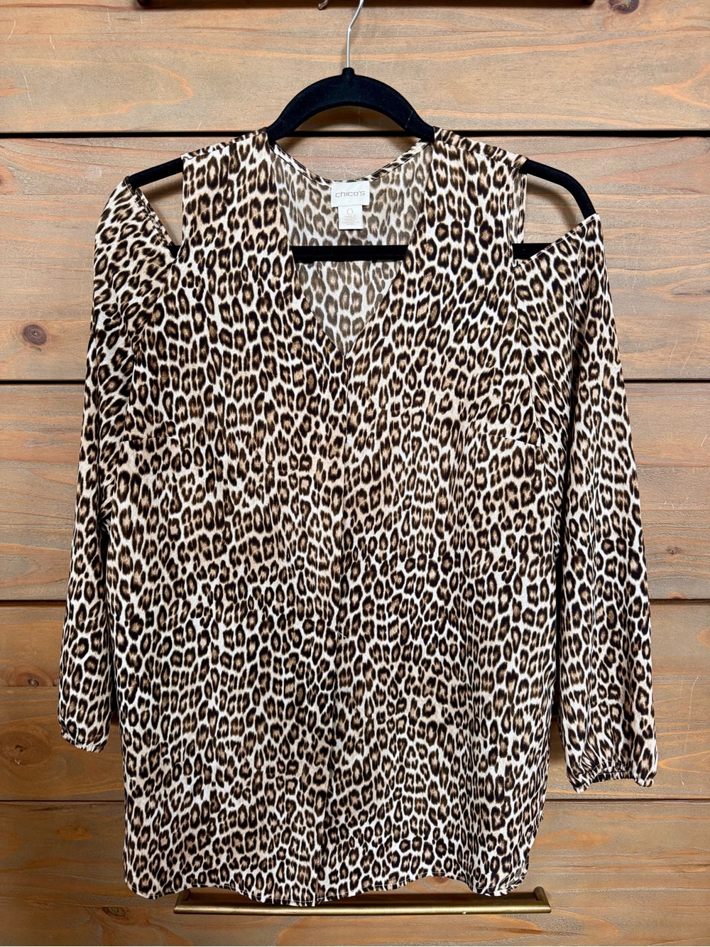 Chico's Leopard Print Cold-Shoulder V-Neck Top in Brown and Cream